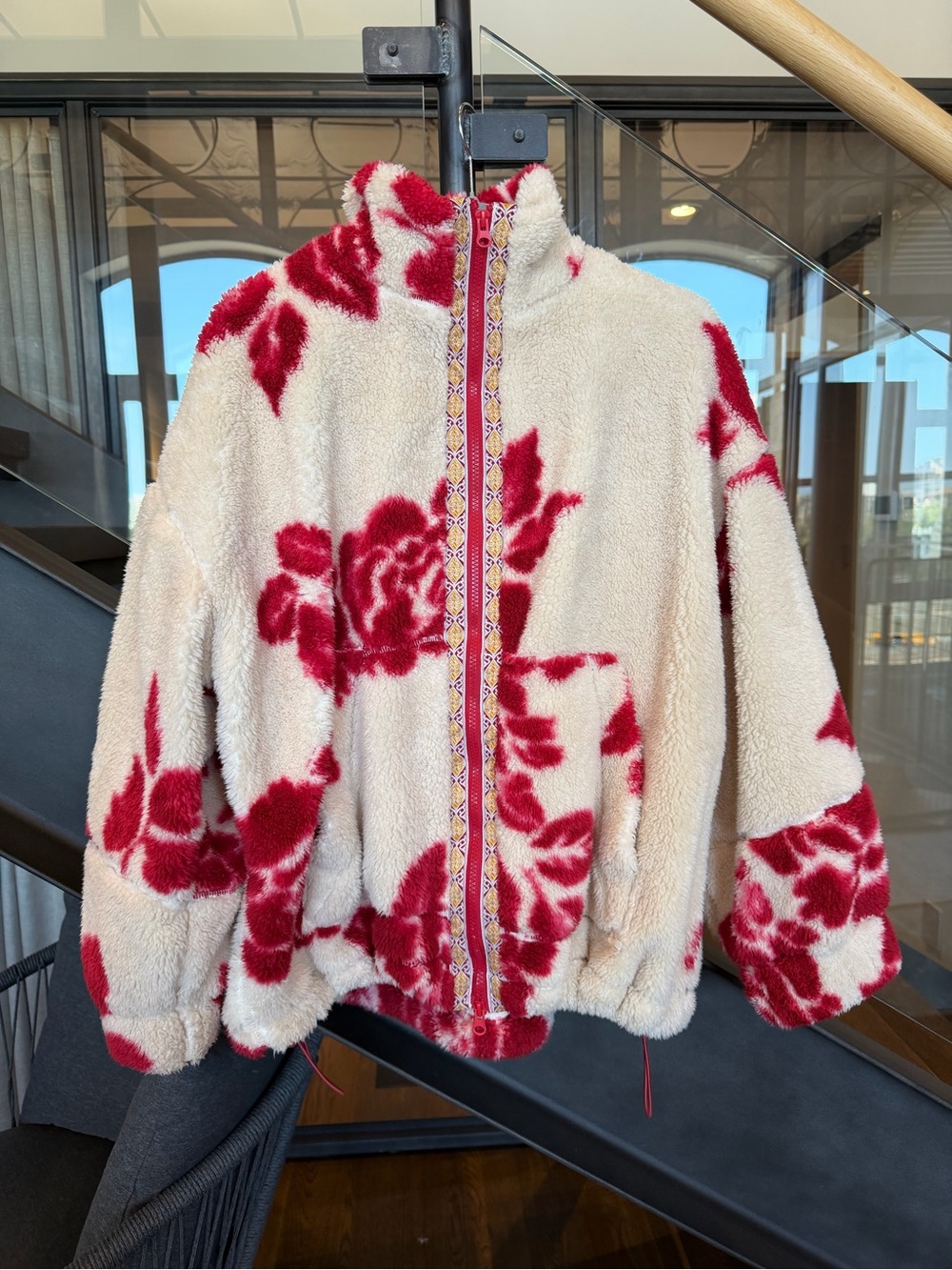 Urban Outfitters Cream Sherpa Teddy Jacket with Red Floral